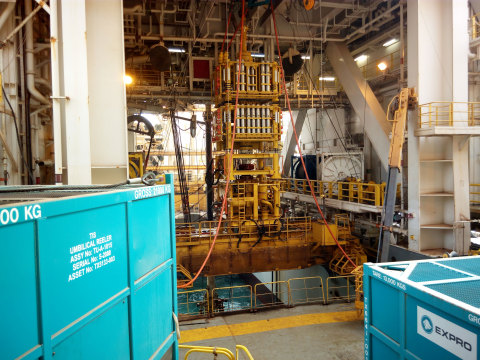 Expro’s Open Water Intervention Riser System (OWIRS) and associated surface support equipment deployed from the drillship Pacific Santa Ana. (Photo: Business Wire)